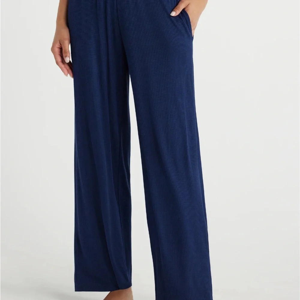 Joyspun Nautical Navy Ribbed Knit Pull On Side Pockets Sleep Pants - Picture 1 of 13